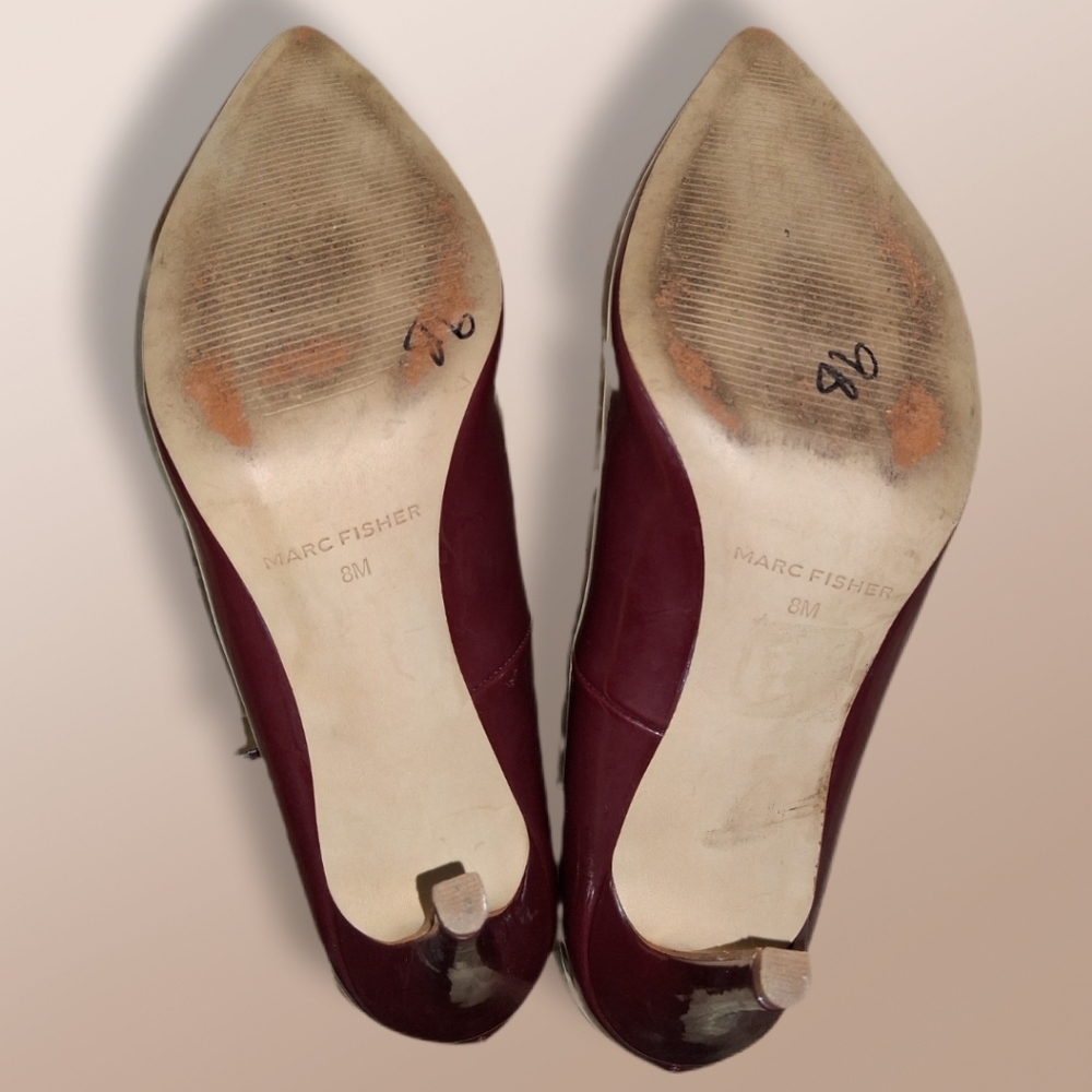 MARC FISHER Burgundy Patent Leather Strappy Pointed Toe Heels Ankle Strap Size 8 - Picture 13 of 13